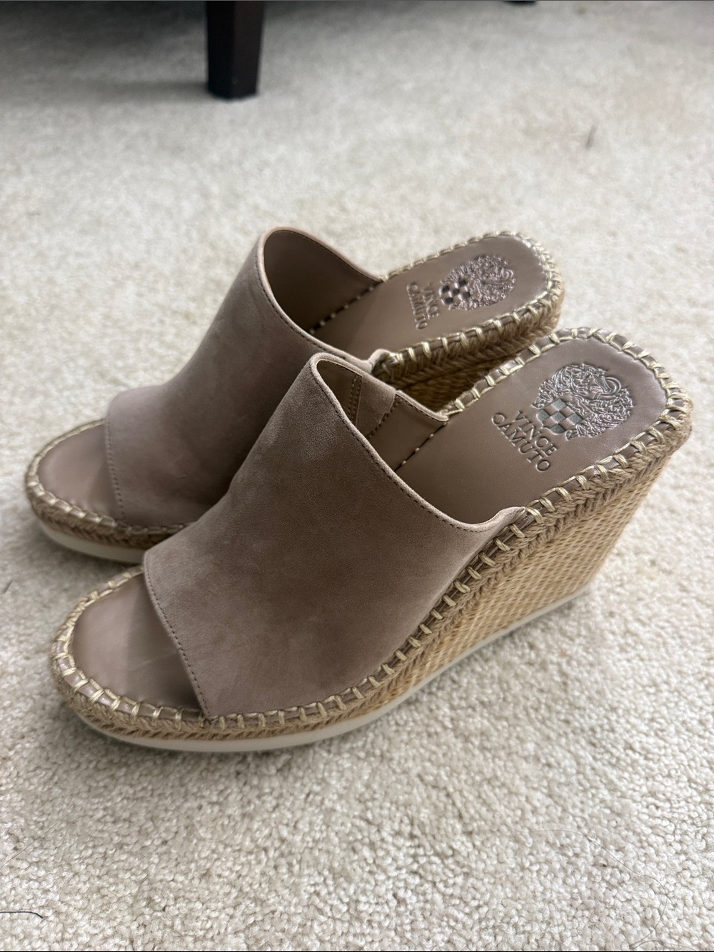 Vince Camuto Taupe Suede Espadrille Wedge Mules- new